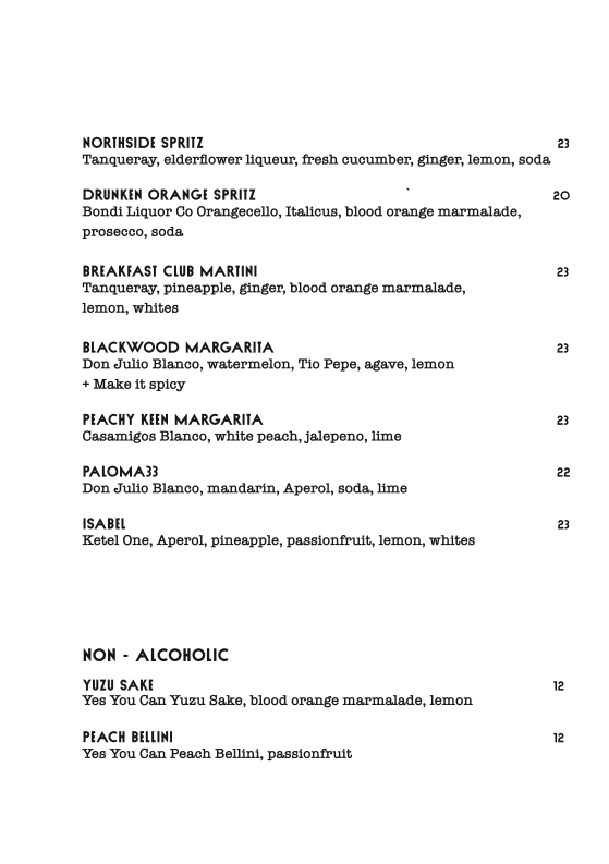 Menu, Blackwood Bondi