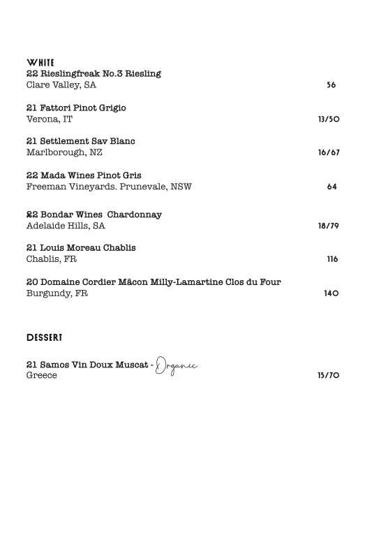 Menu, Blackwood Bondi