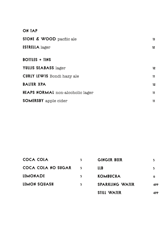 Menu, Blackwood Bondi