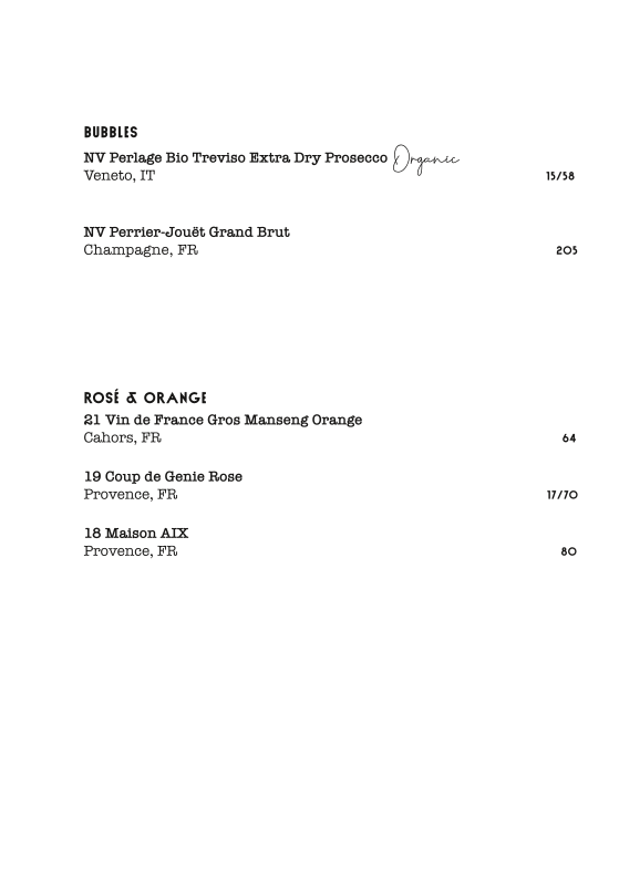 Menu, Blackwood Bondi