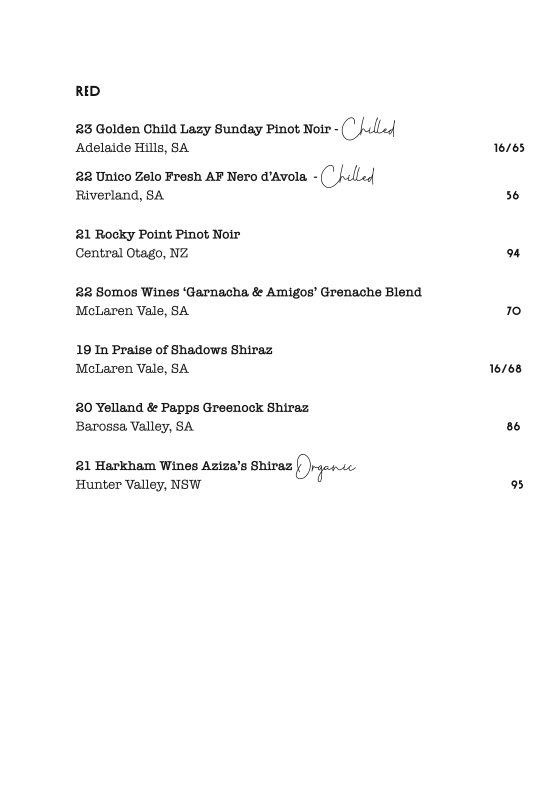 Menu, Blackwood Bondi