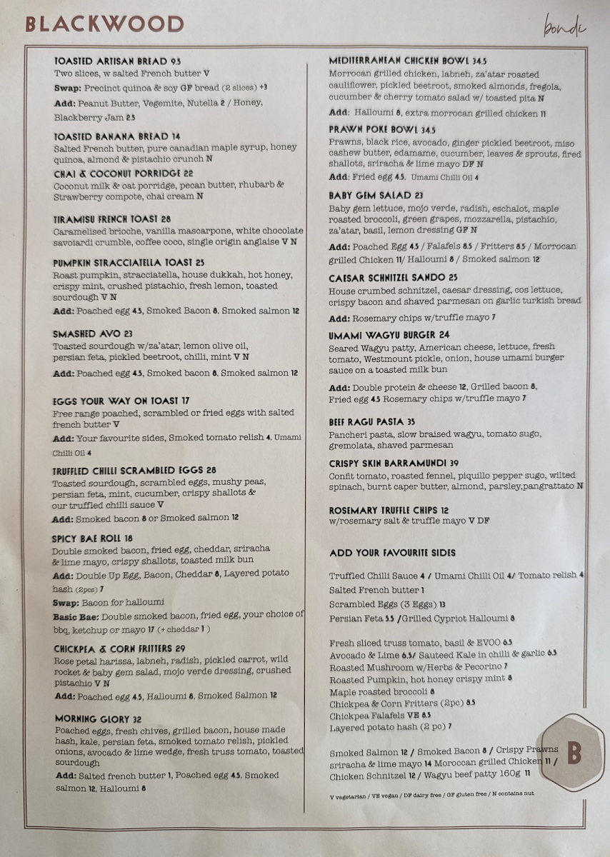 Menu, Blackwood Bondi