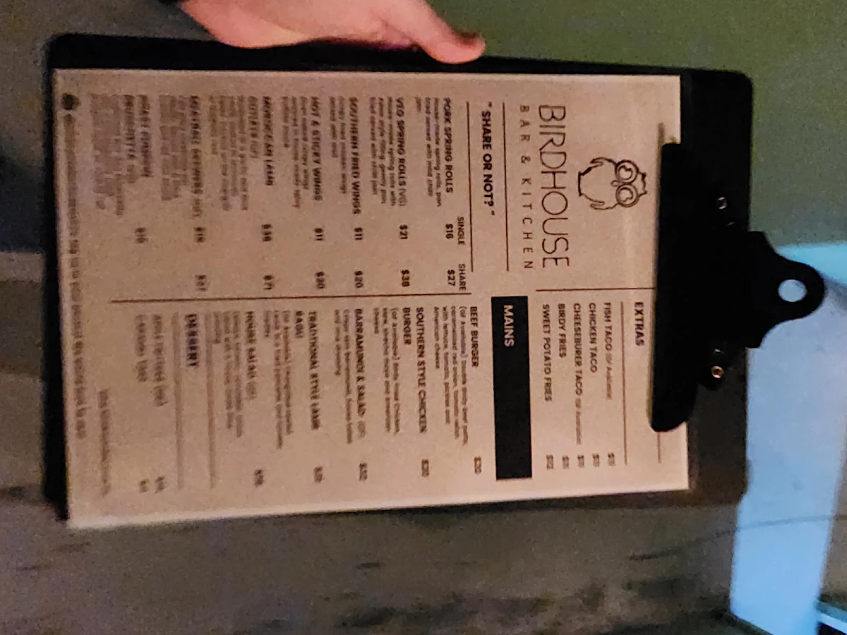 Menu, Birdy Bar