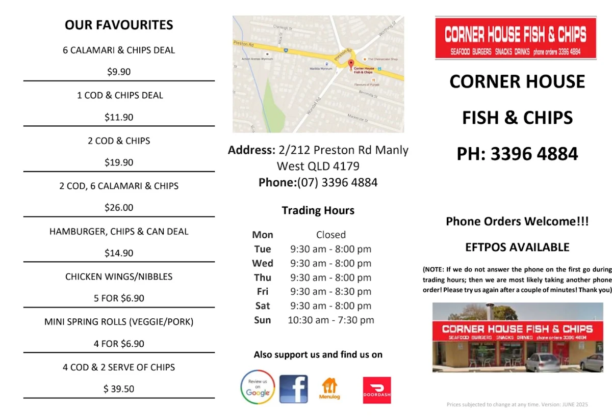 Menu, Corner House Fish & Chips