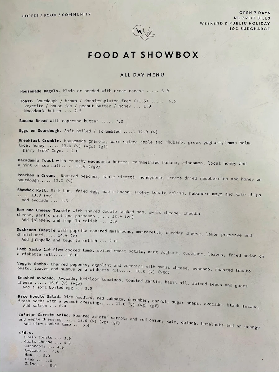Menu, Showbox Coffee