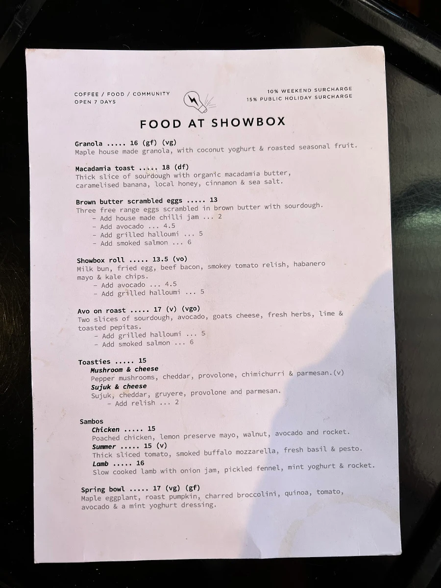 Menu, Showbox Coffee