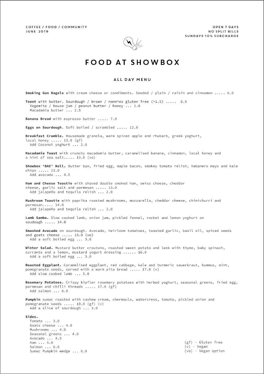 Menu, Showbox Coffee