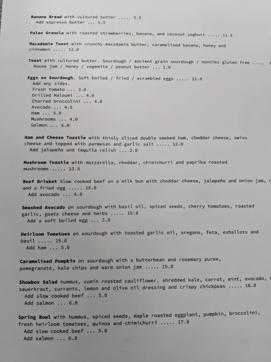 Menu, Showbox Coffee
