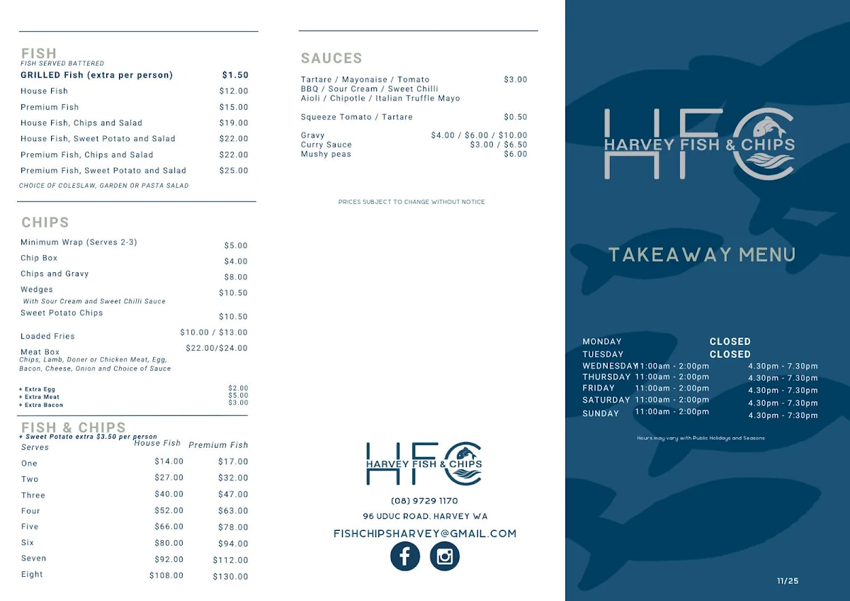 Menu, Harvey Fish And Chips