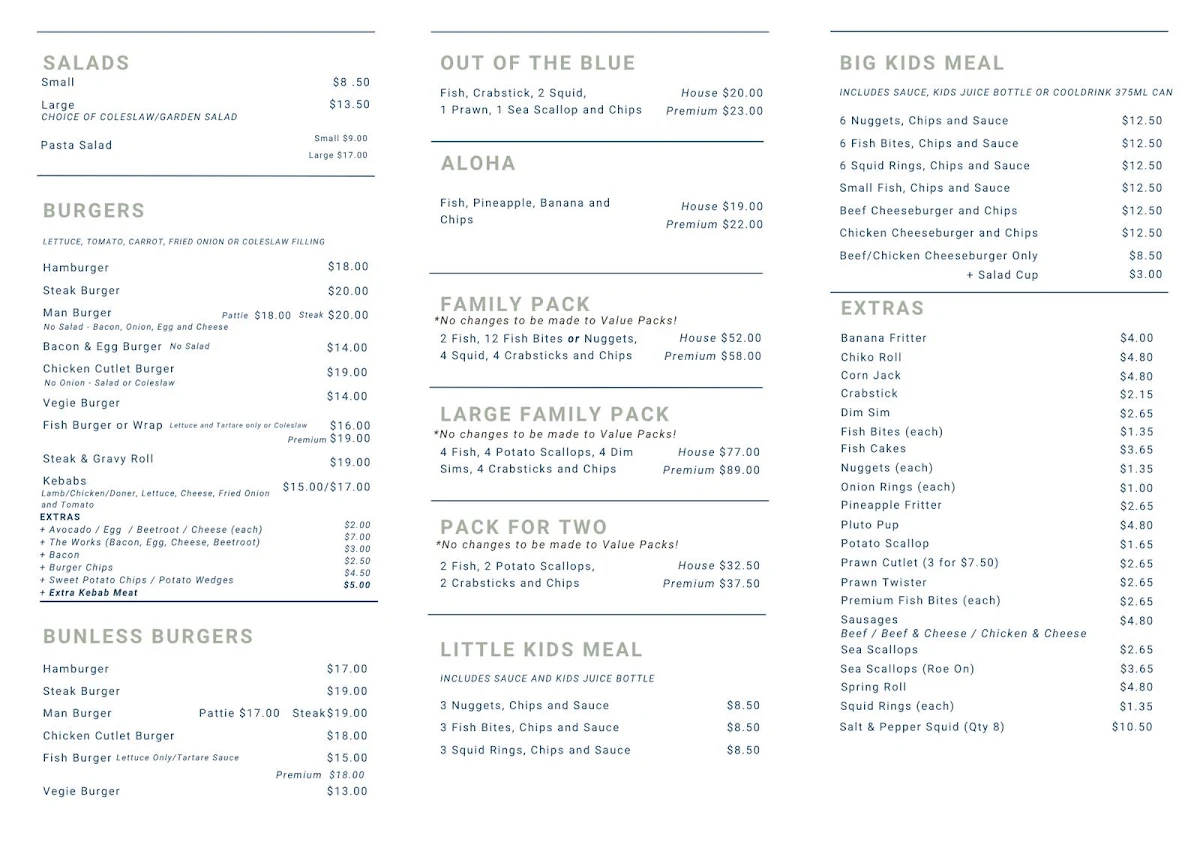 Menu, Harvey Fish And Chips
