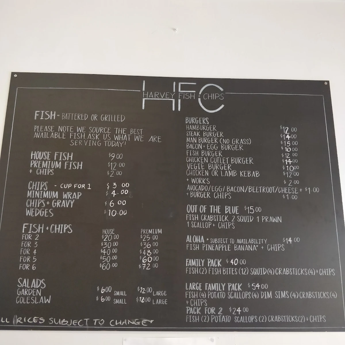 Menu, Harvey Fish And Chips
