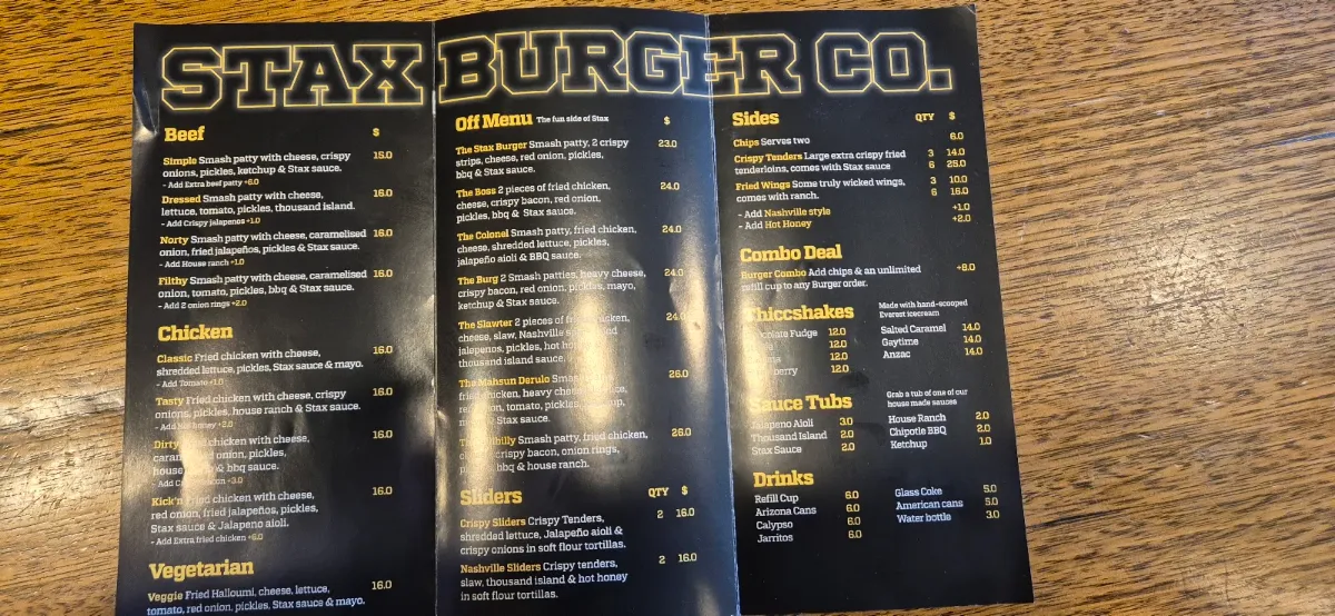 Menu, Stax Burger Co. - Prospect