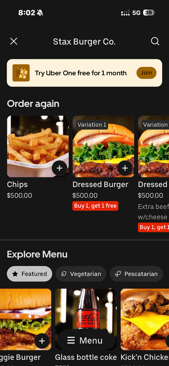 Menu, Stax Burger Co. - Prospect