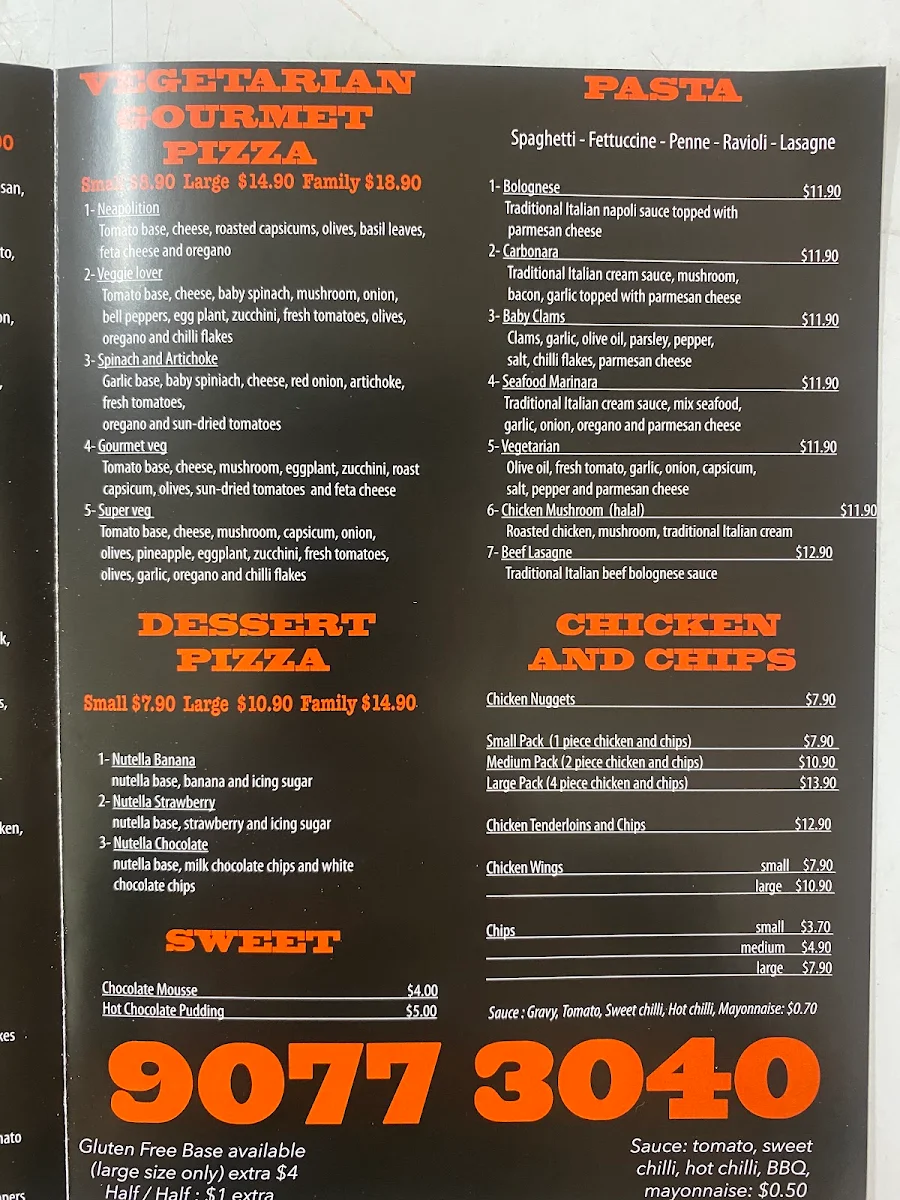 Menu, Belle Pizza