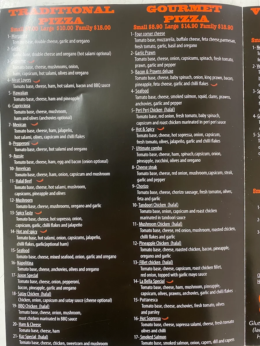 Menu, Belle Pizza