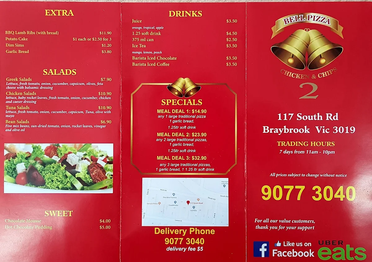 Menu, Belle Pizza