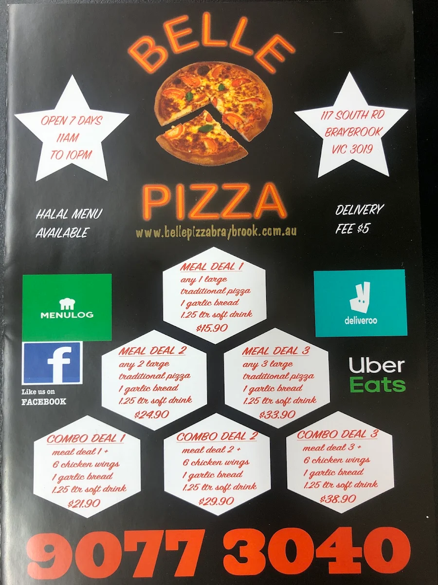 Menu, Belle Pizza