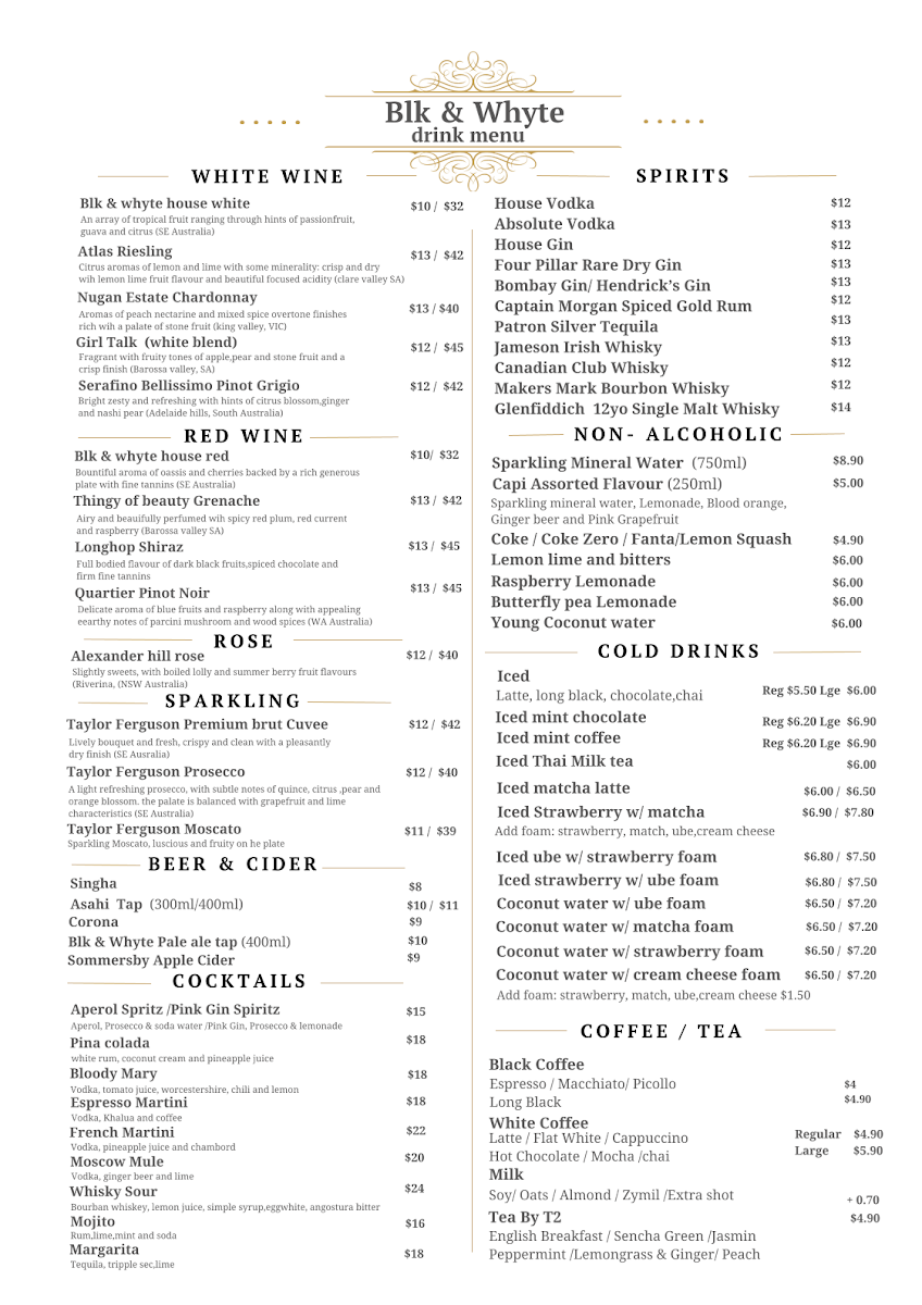 Menu, Blk and Whyte