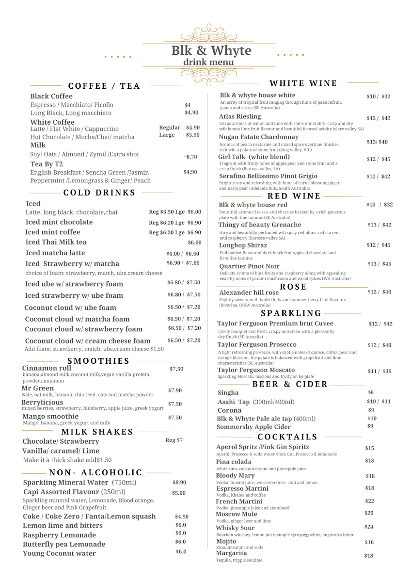 Menu, Blk and Whyte