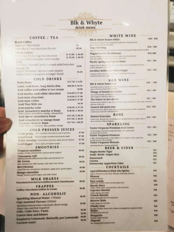 Menu, Blk and Whyte