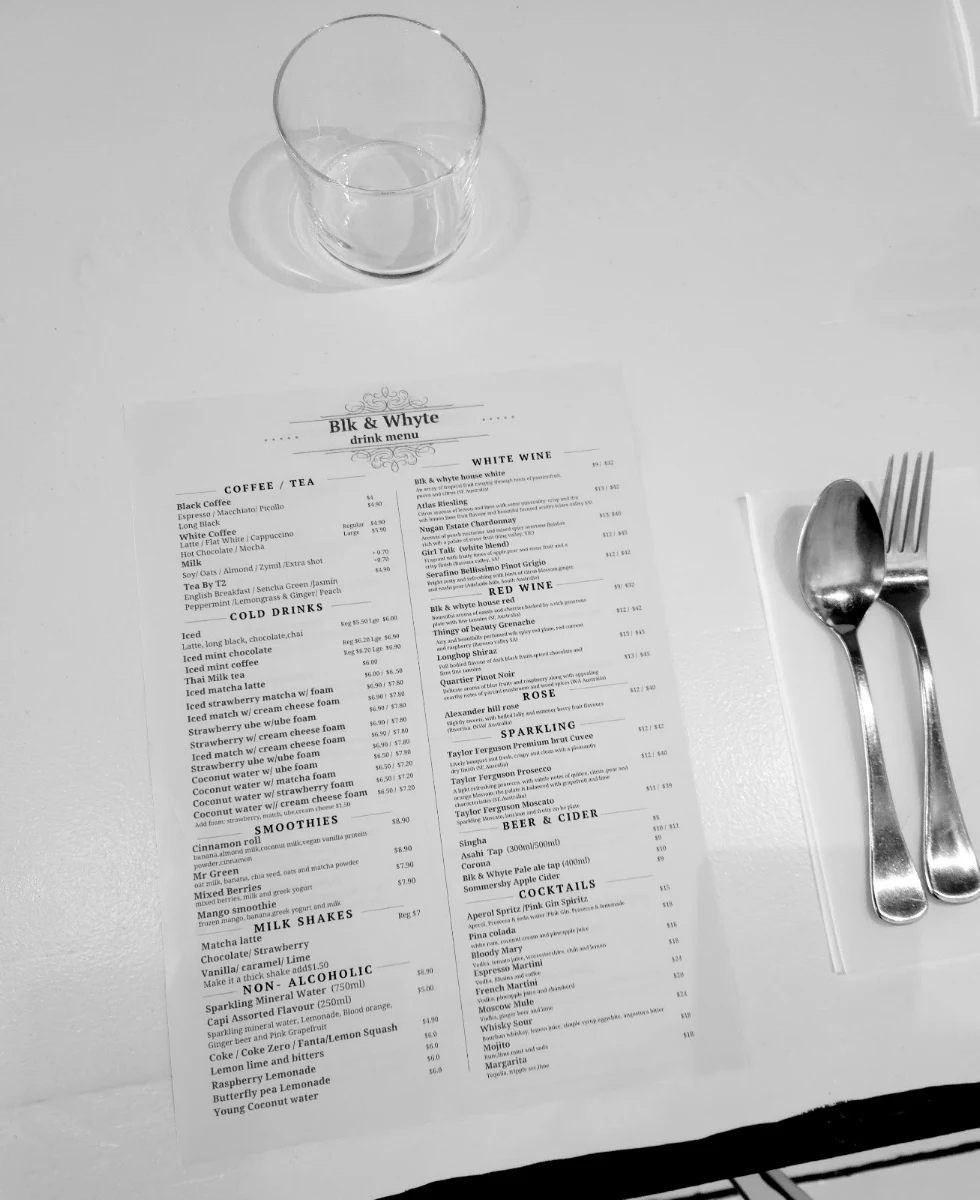 Menu, Blk and Whyte