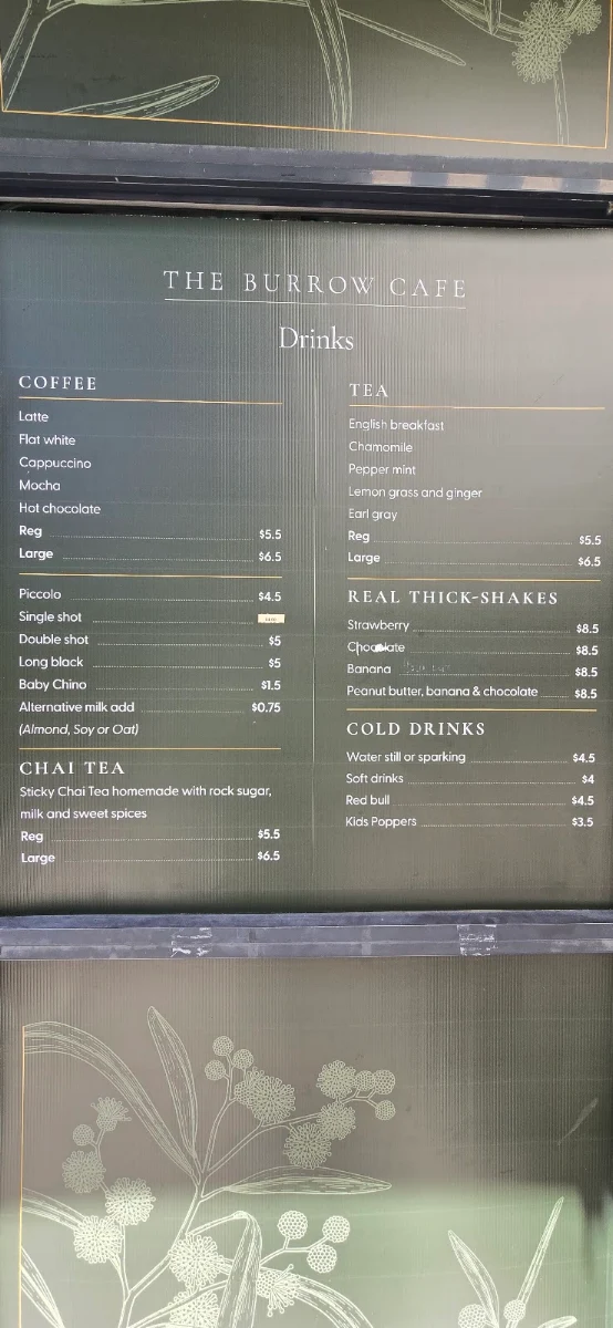 Menu, The Burrow Cafe