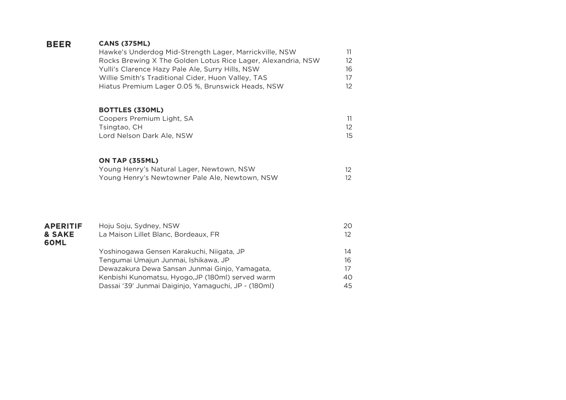 Menu, Lotus Barangaroo