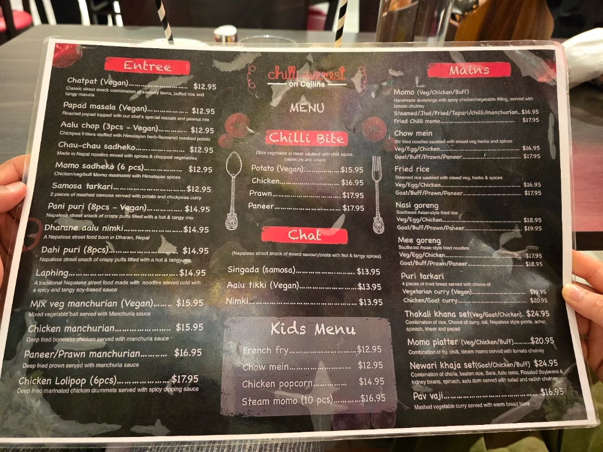 Menu, Chilli Everest on Collins