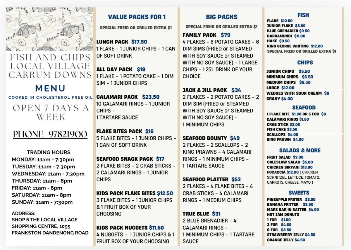 Menu, Fish & Chips Local Village @ Carrum Downs