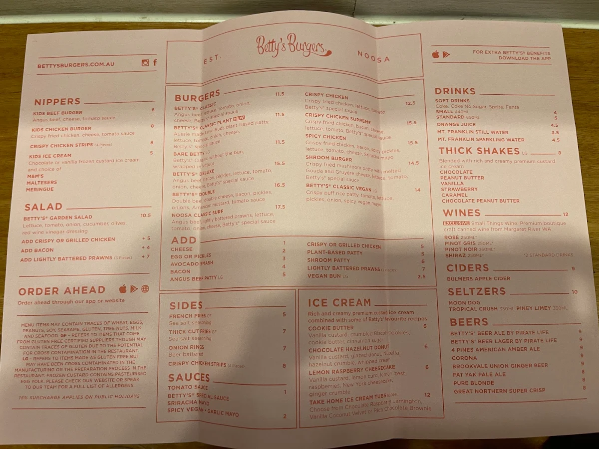 Menu, Betty's Burgers