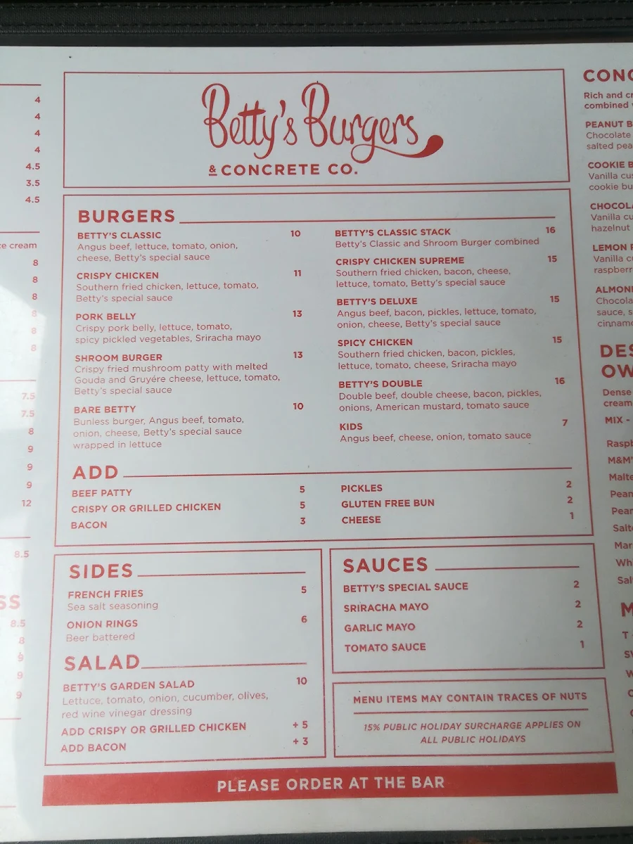 Menu, Betty's Burgers