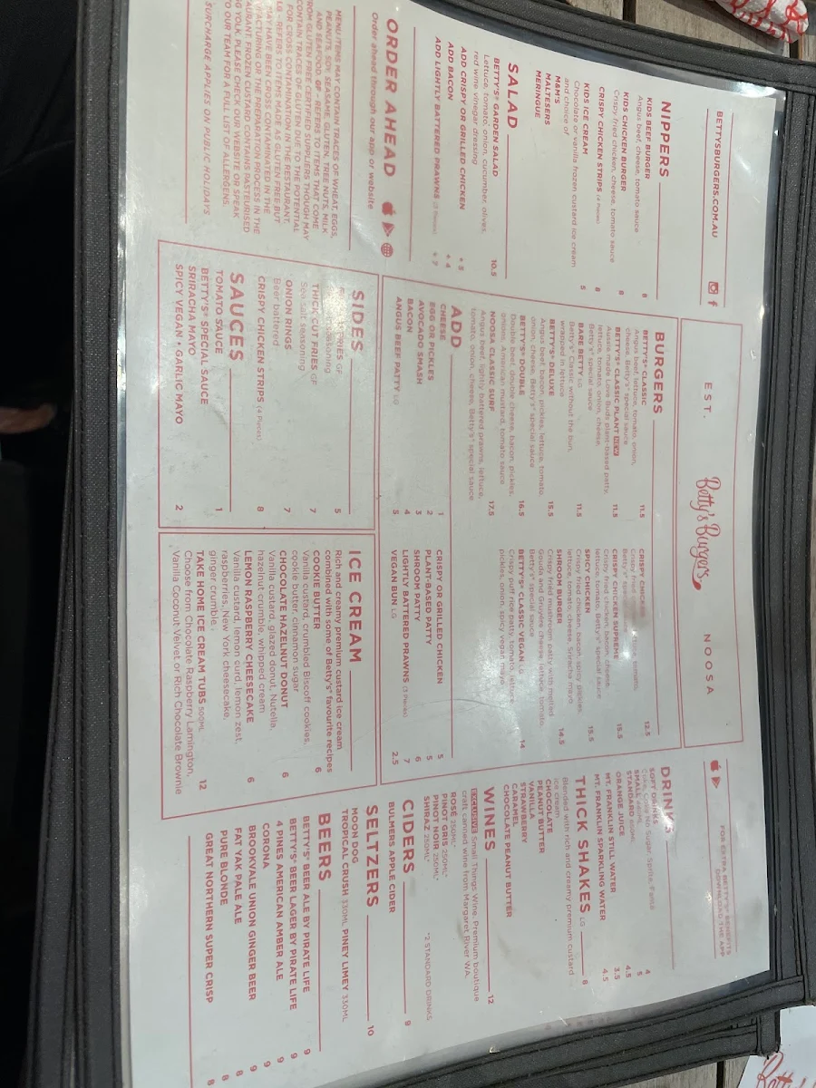 Menu, Betty's Burgers
