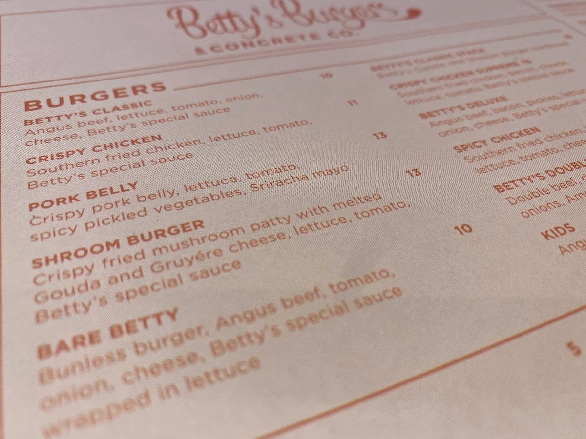 Menu, Betty's Burgers
