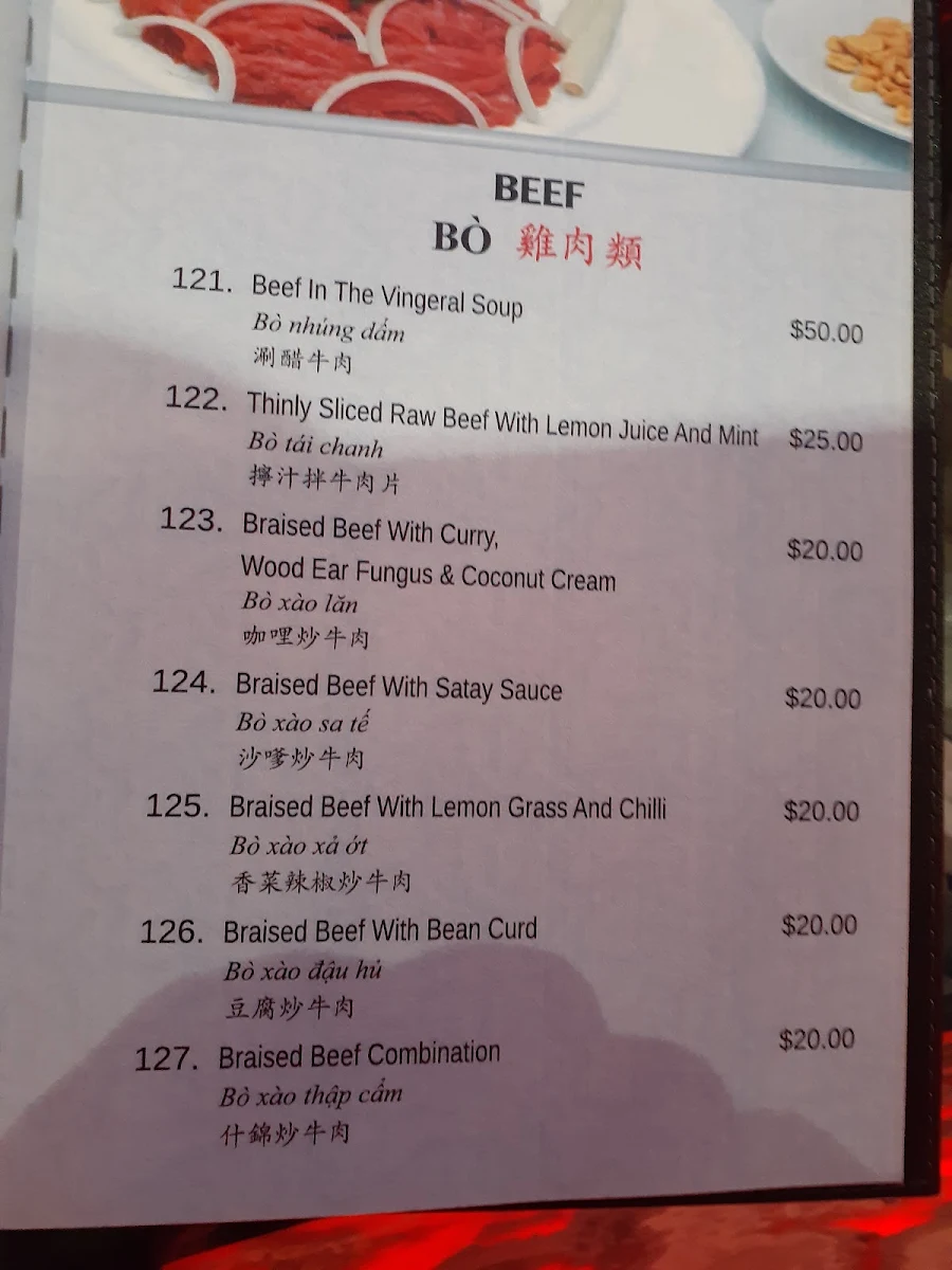 Menu, Thanh Mai Restaurant