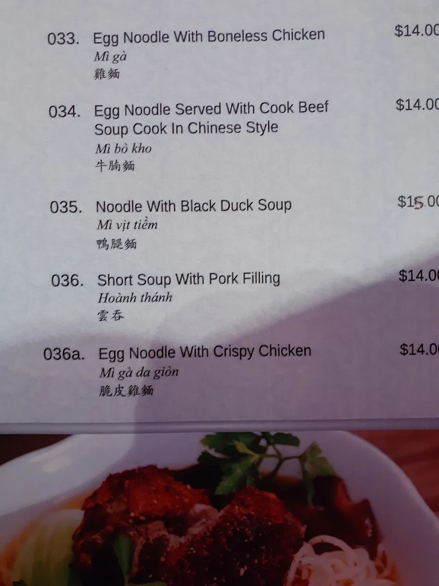Menu, Thanh Mai Restaurant