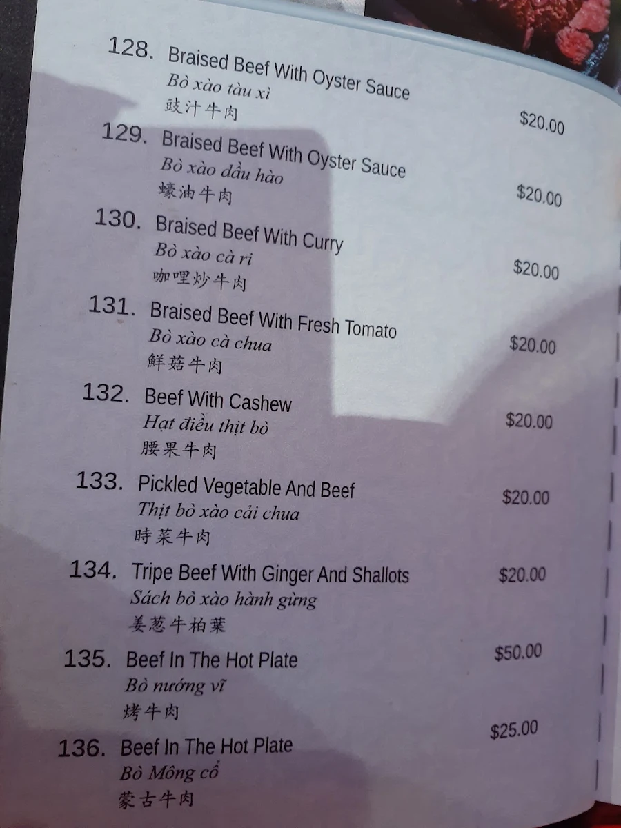 Menu, Thanh Mai Restaurant
