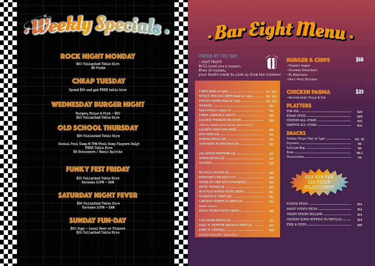 Menu, Bar Eight