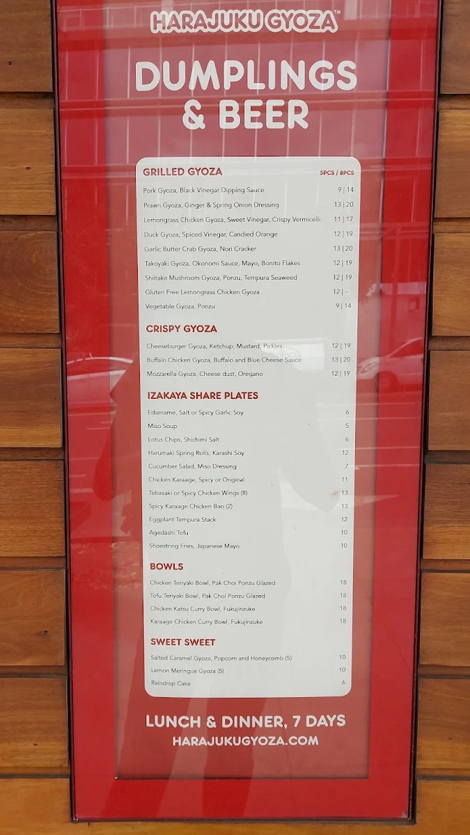 Menu, Harajuku Gyoza South Bank