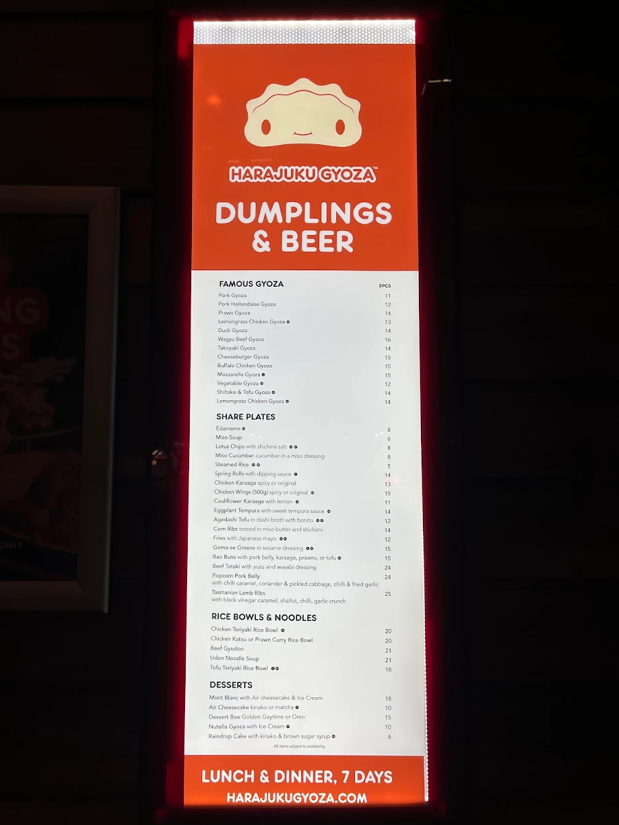 Menu, Harajuku Gyoza South Bank