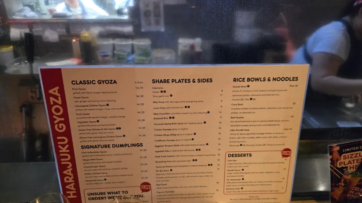 Menu, Harajuku Gyoza South Bank