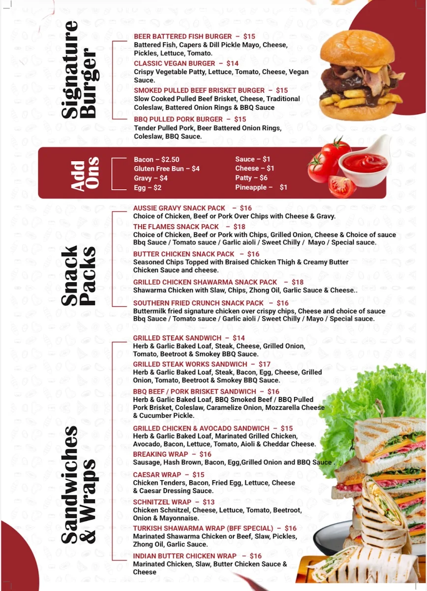 Menu, The Flames House Burger Fish & Fries