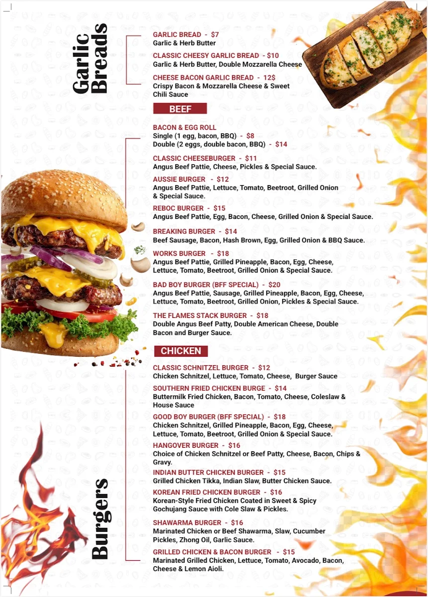 Menu, The Flames House Burger Fish & Fries