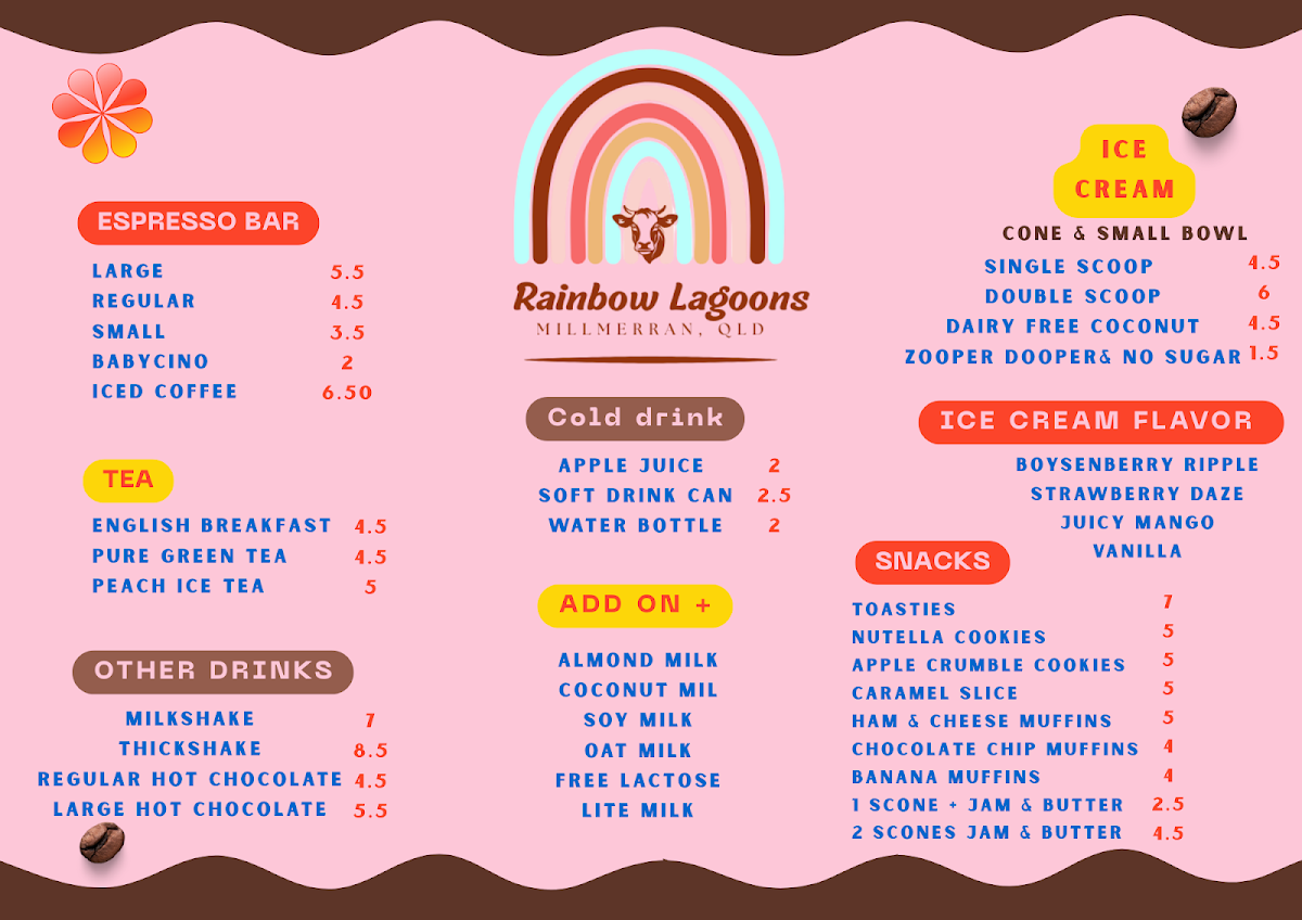 Menu, Rainbow Lagoon Coffee Van