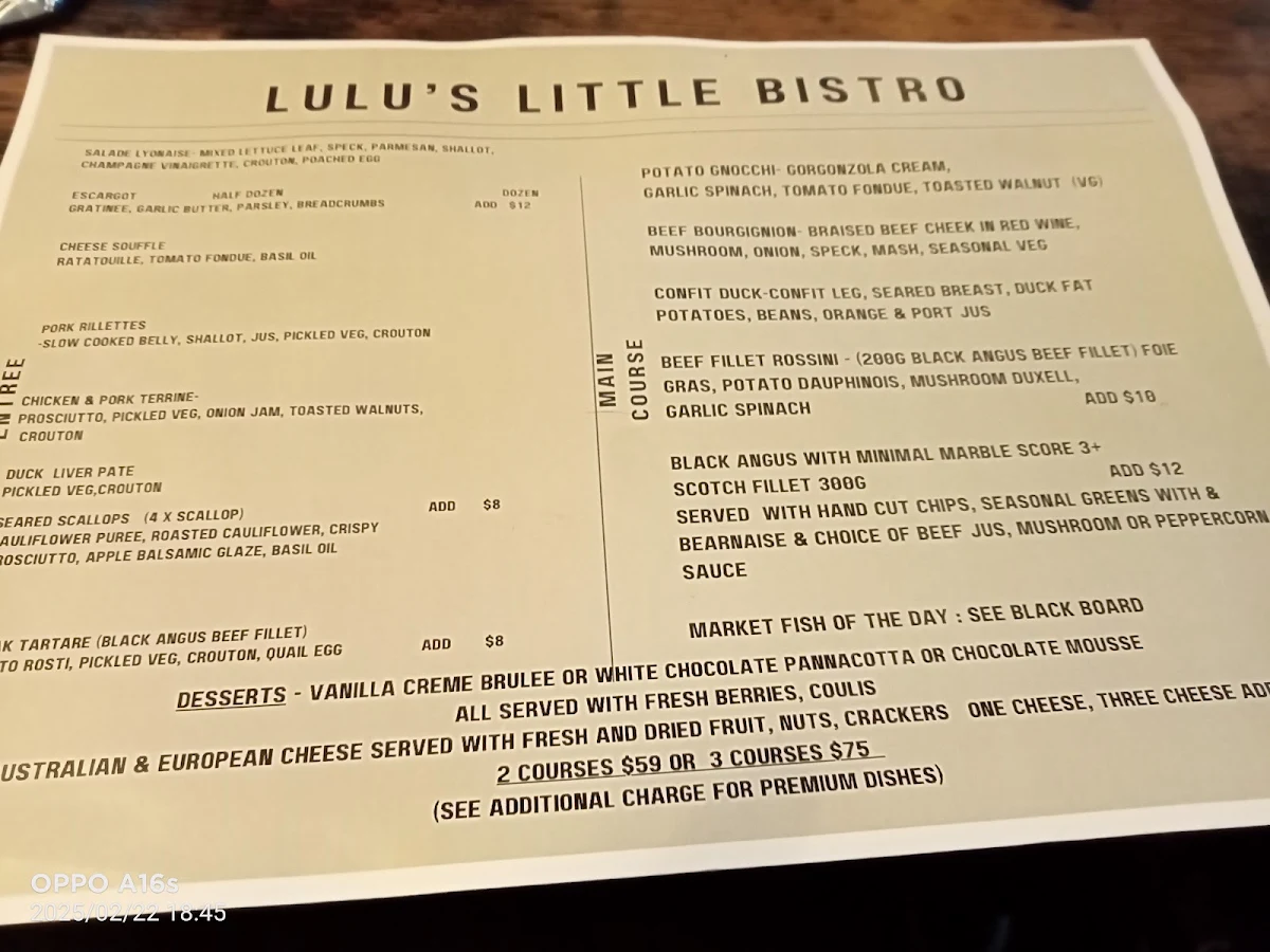 Menu, Lulu’s Little Bistro