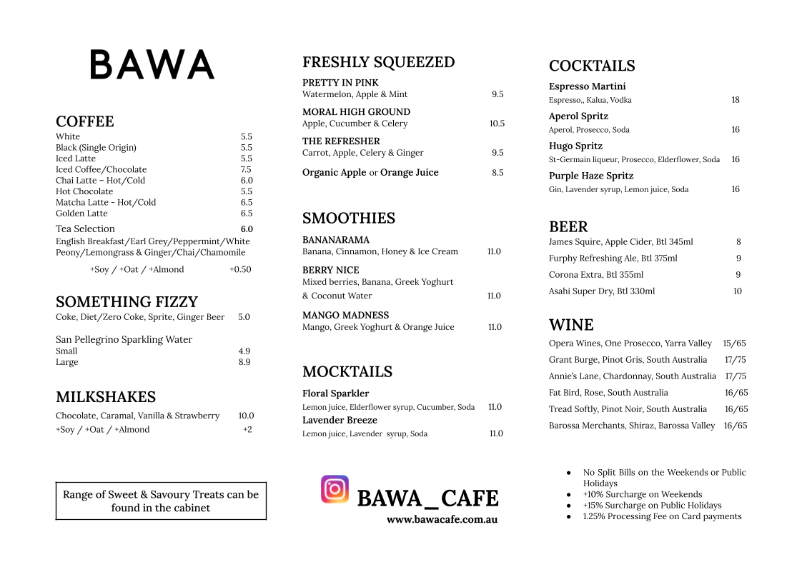 Menu, Bawa Cafe Hawthorn