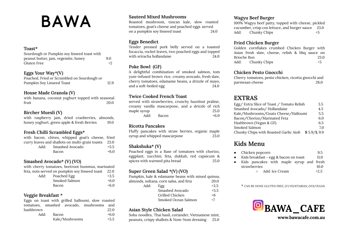Menu, Bawa Cafe Hawthorn