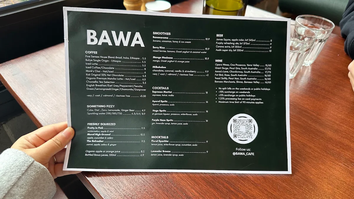 Menu, Bawa Cafe Hawthorn