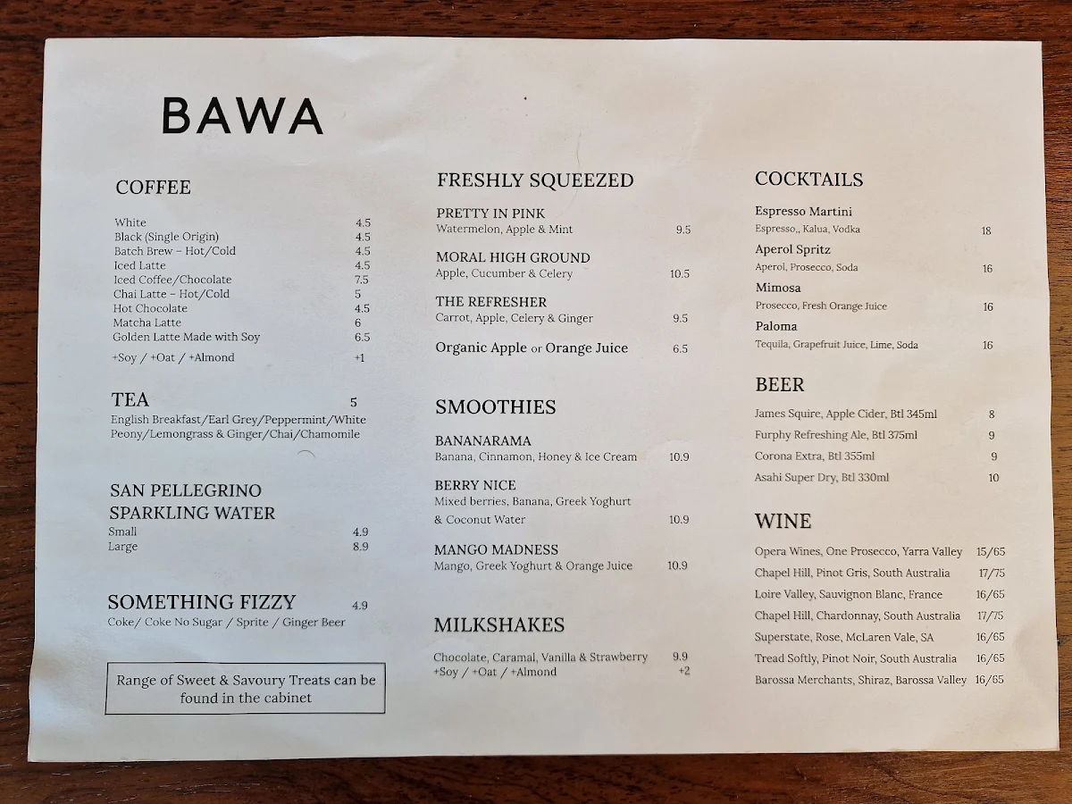 Menu, Bawa Cafe Hawthorn