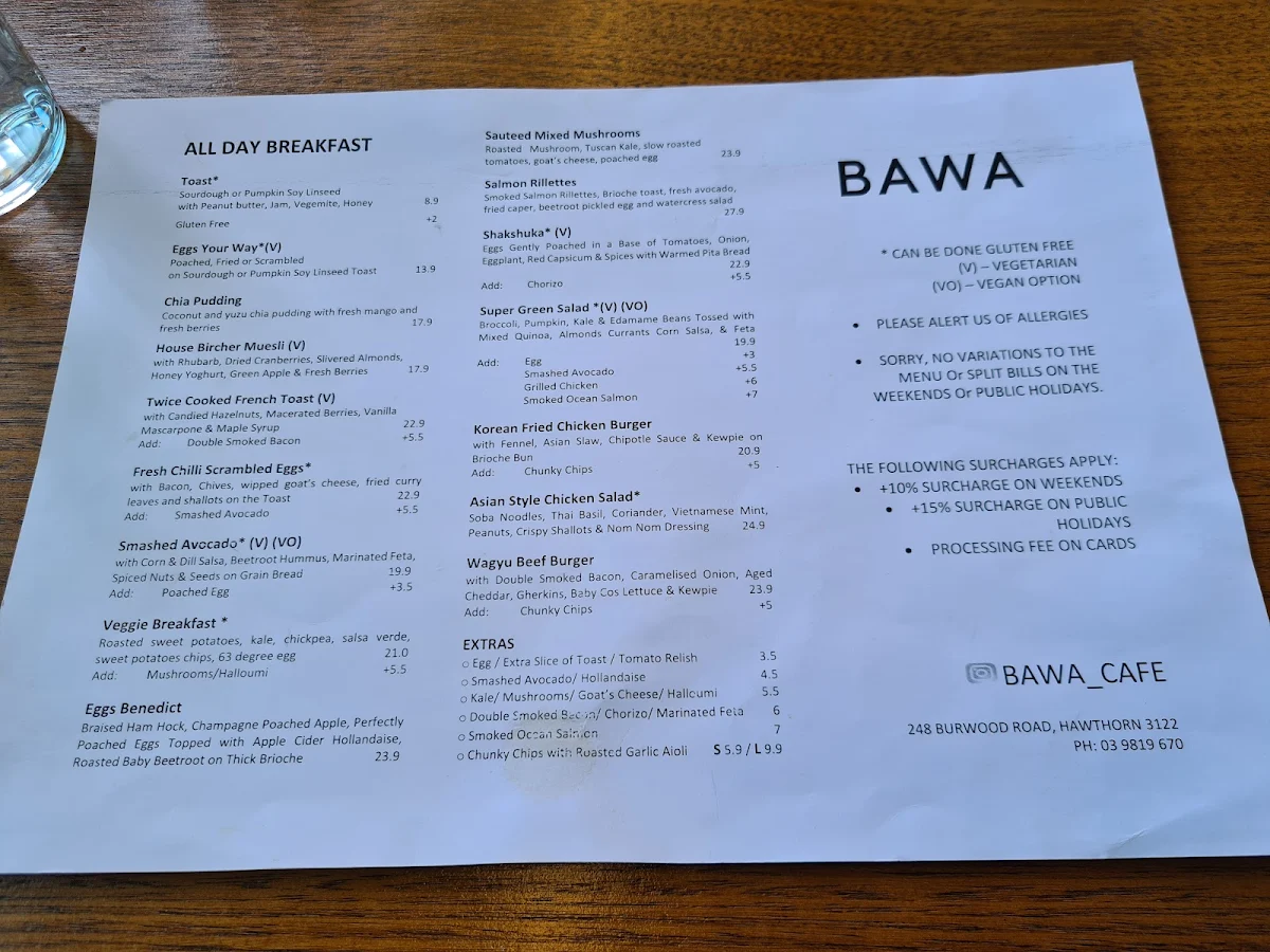 Menu, Bawa Cafe Hawthorn