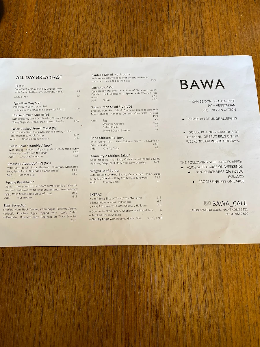 Menu, Bawa Cafe Hawthorn